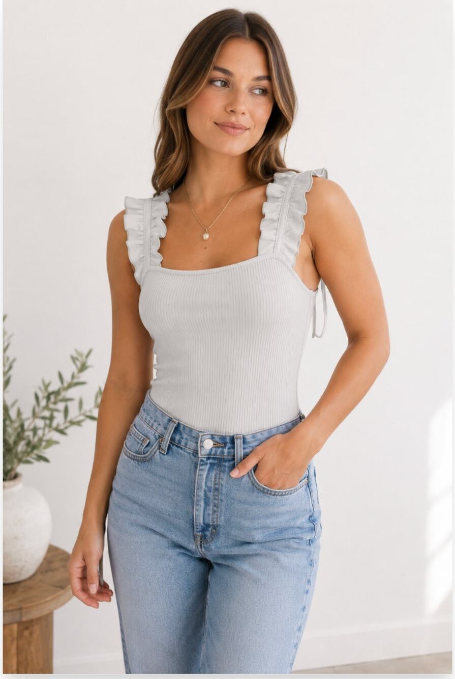 Entro White Ribbed Ruffled Tank Sleeveless Bodysuit Basic Casual Normcore Layer